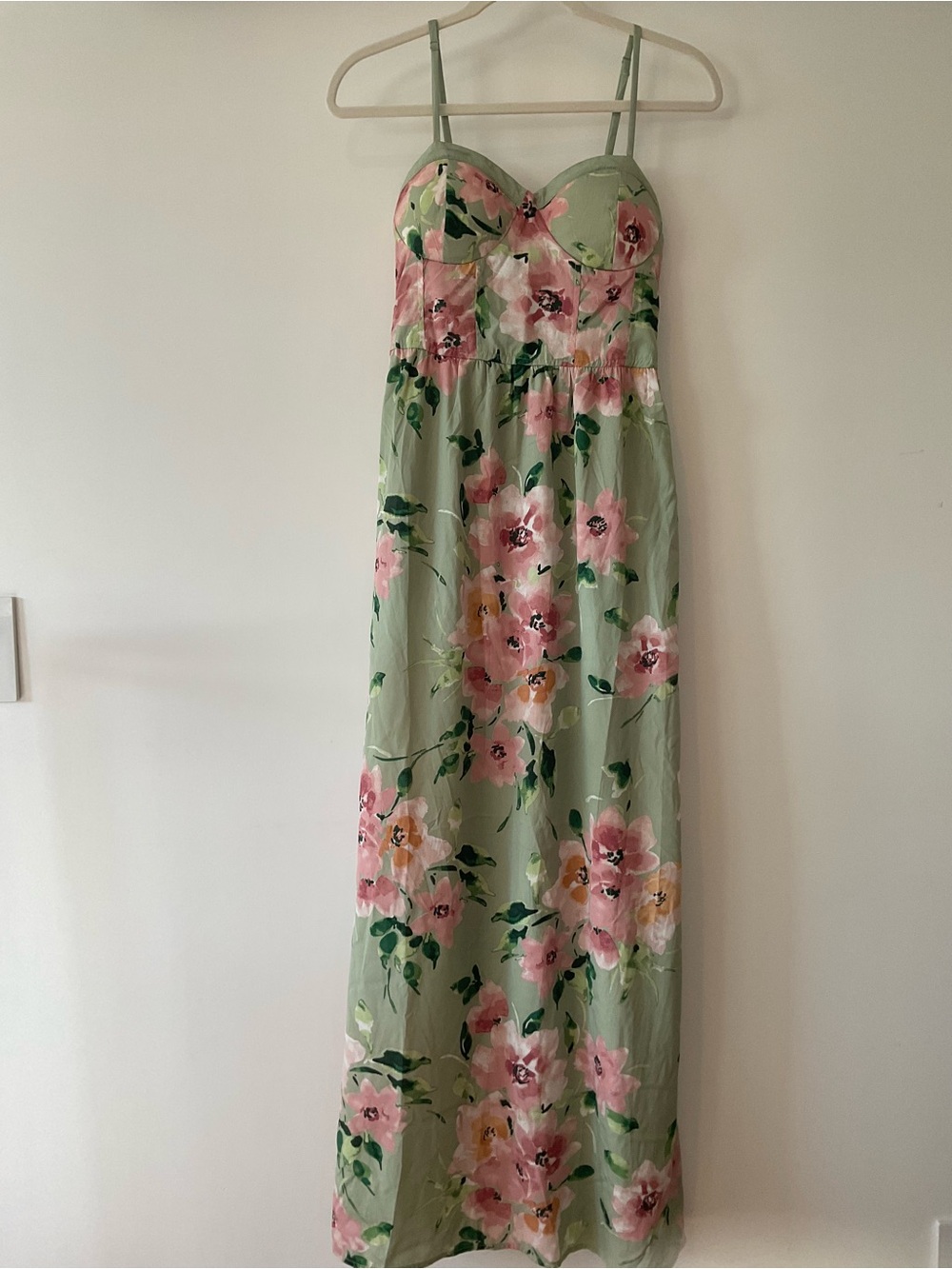 Floral Spaghetti-Strap Maxi Dress - Sage Green with Pink Bloom